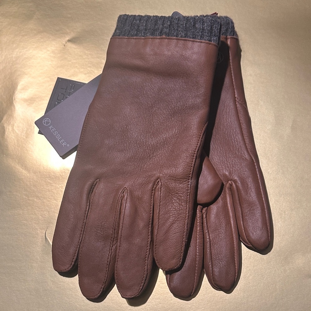 Men's Brown Leather Gloves with Gray Cuffs